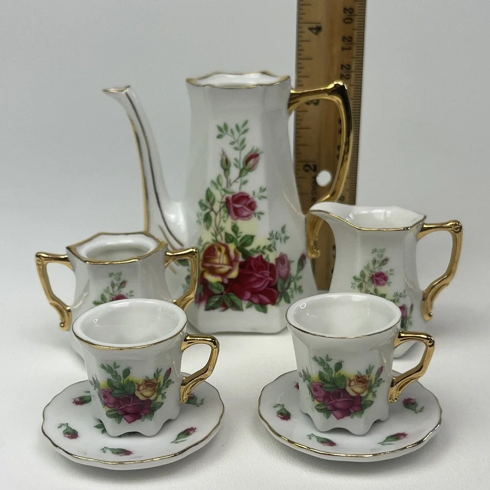 5‎ Piece Porcelain Miniature Tea Coffee Playset Floral Rose Gold Decorative Set